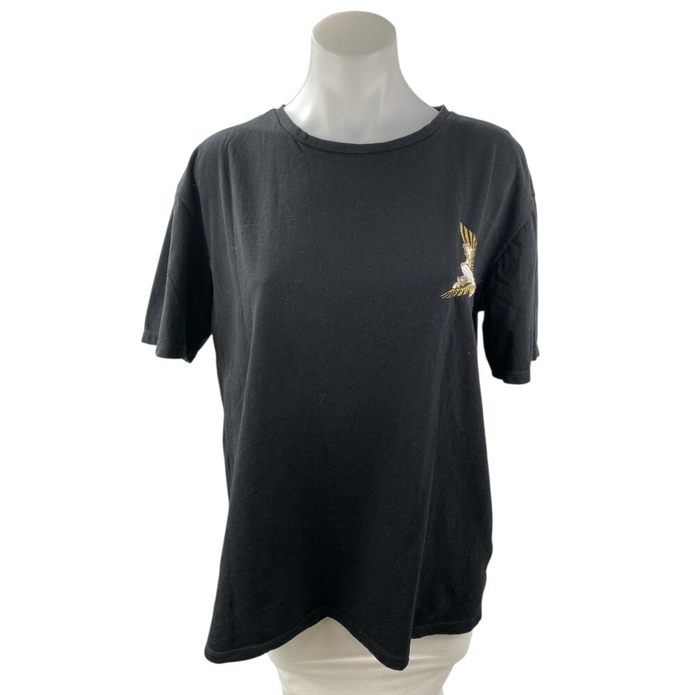 Le31 Simons Womens Black Sequin Bird Embroidered Crewneck T Shirt Tee Top Size L